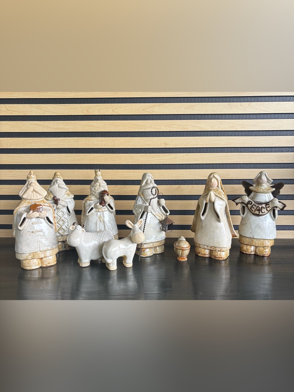 Vintage 10 Pc Ceramic Nativity Set 8” Folk Art Style Cream Brown Peace Angel